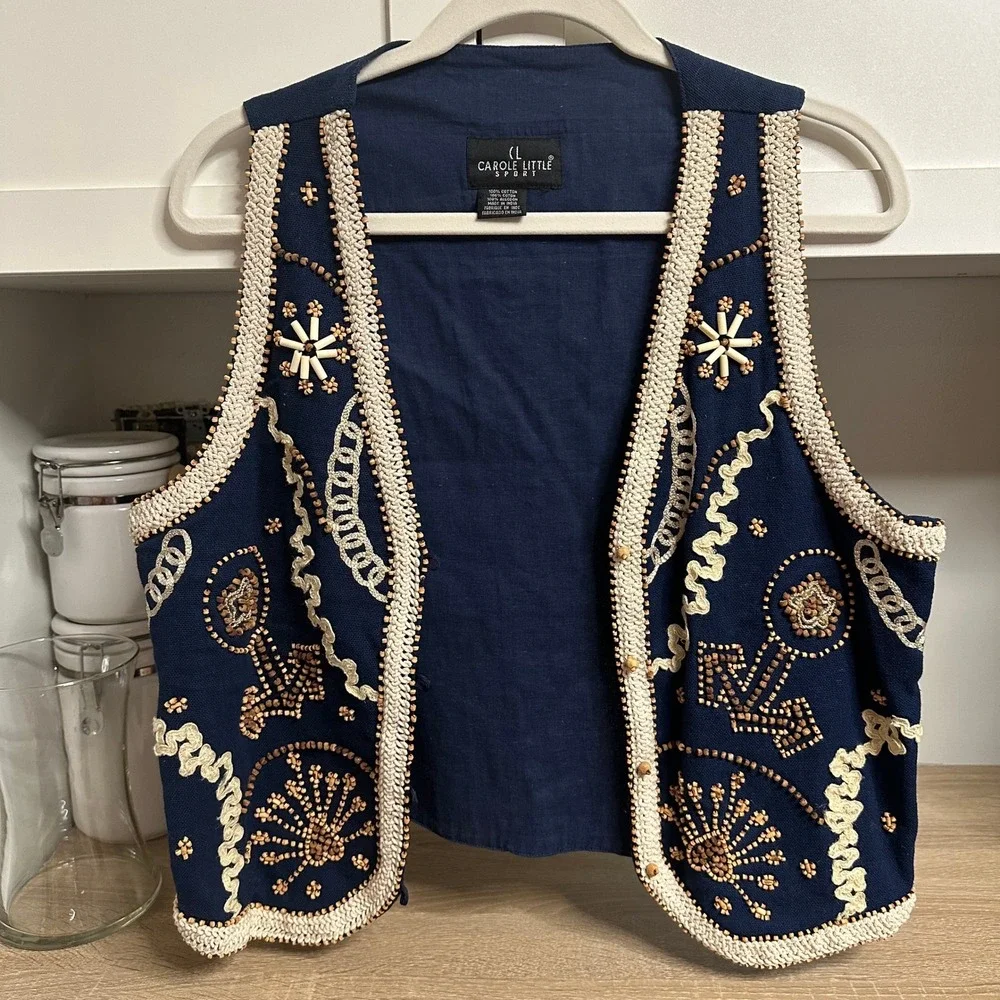 Vintage Nautical Beaded Vest Womens L Navy Wood Buttons Boho Embroidered V Neck